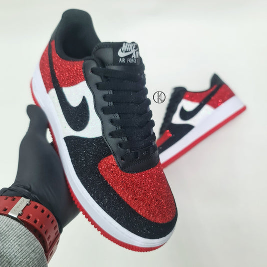Customized sneakers-Air Force 1 Bred Toe (Glitter)